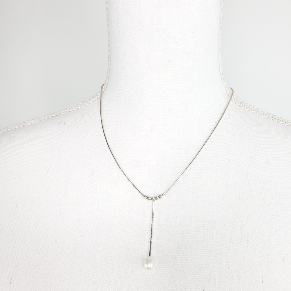 Sterling Silver 925 Pearl Y Lariat Necklace
